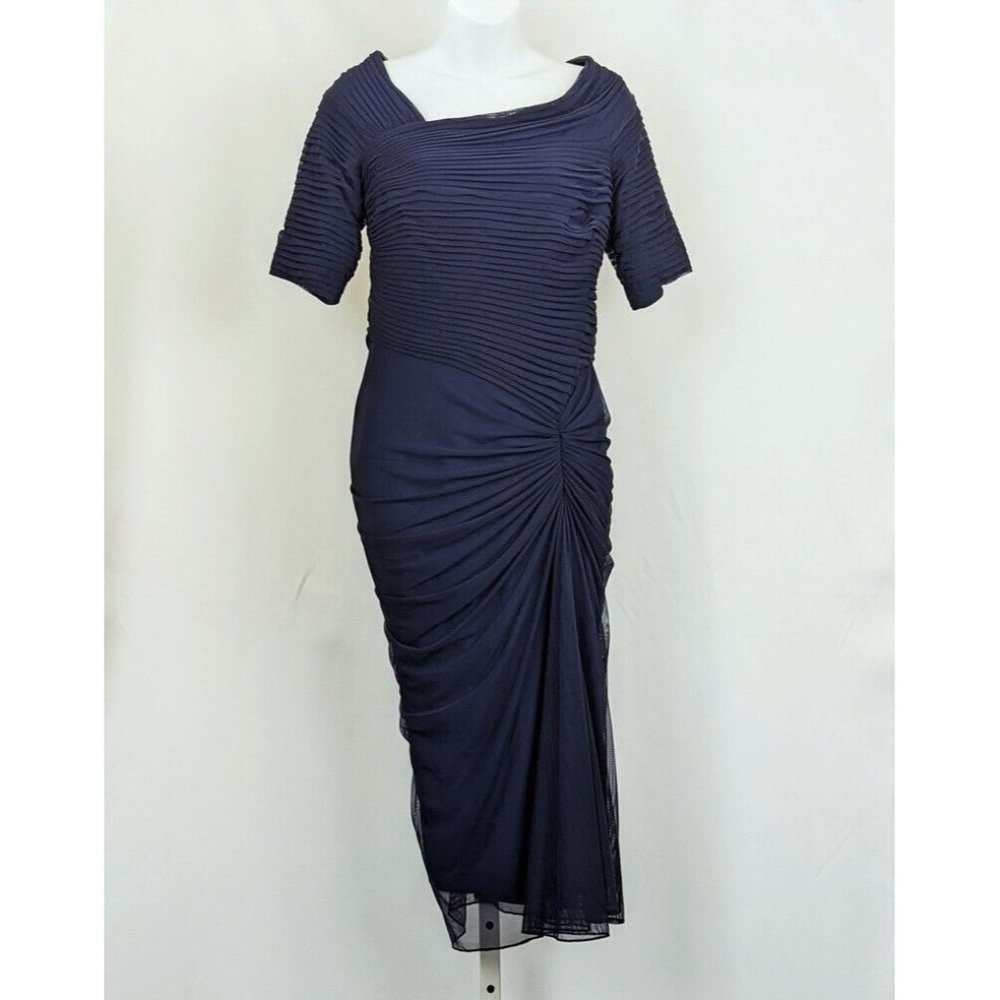 Tadashi Shoji Dress Formal Navy Blue Asymmetric Ruched Midi Women's Size M